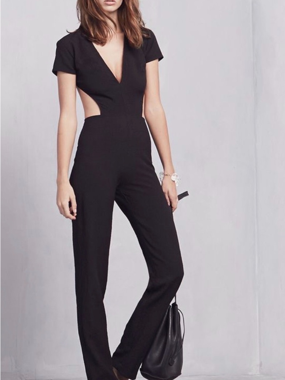 Reformation Black Cutout V-Neck Short-Sleeve Jumpsuit